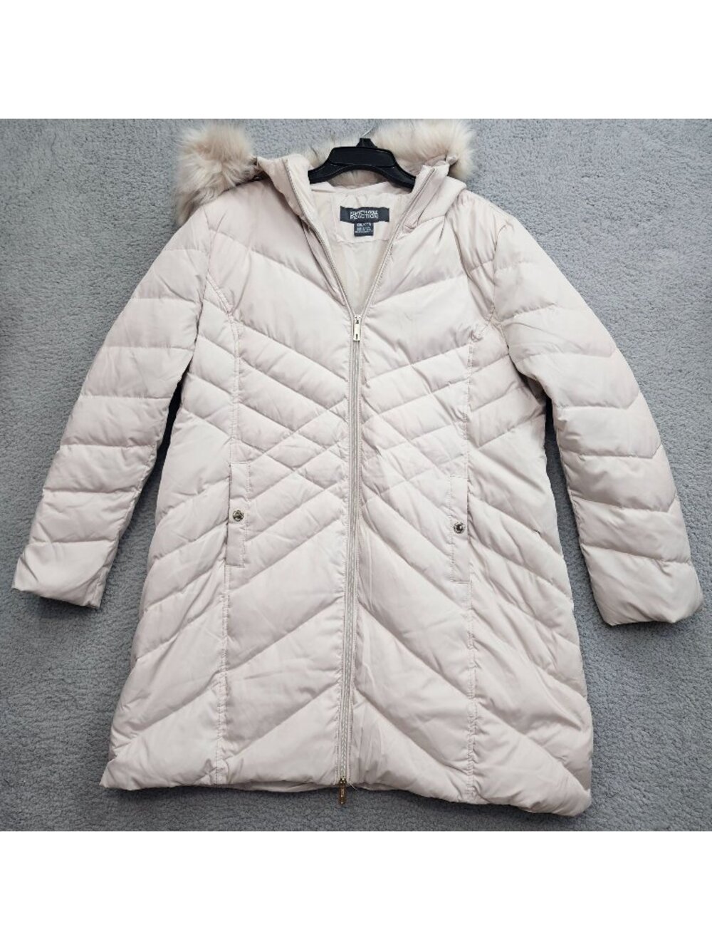 Kenneth Cole Reaction Womens Beige Quilted Winter Coat W/ Faux Fur Hood XXL